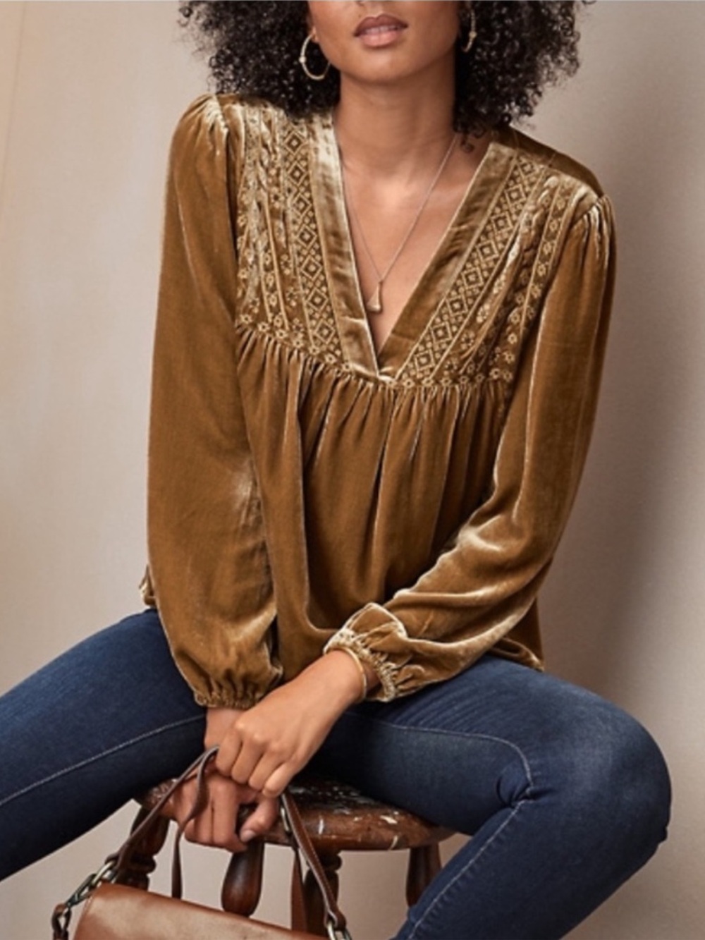 Garnet Hill Embroidered Yoke Velvet Blouse Women's Deep Bronze Yellow Boho